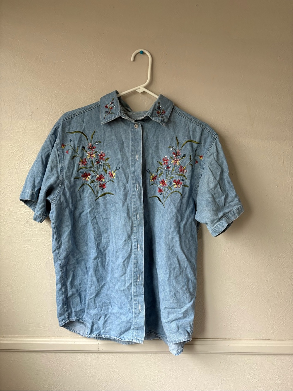 Embroidered Light Blue Denim Short Sleeve Shirt - Picture 1 of 3